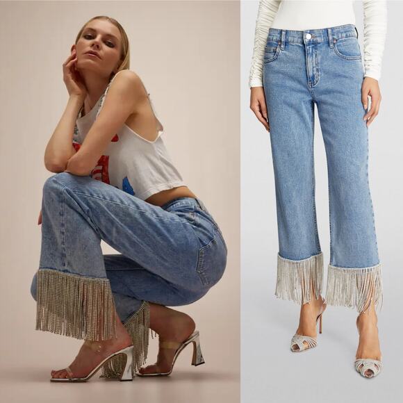 Alice + Olivia NWT High Rise Crystal Embellished Hem Jeans Light Wash Size 30 - Picture 1 of 13